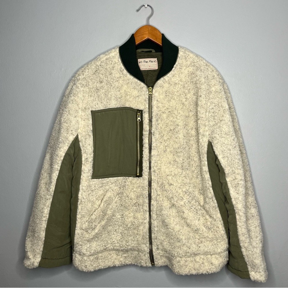 Free People Oversized Rivington Off White Green Sherpa Jacket Desert Combo CC